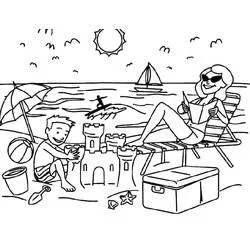 Coloriage Plage avec famille et château de sable
