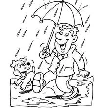 Coloriage Homme se promenant avec son chien sous la pluie
