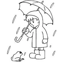 Coloriage Garçon avec parapluie regardant une grenouille sous la pluie