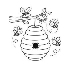 Coloriage Ruche suspendue à une branche avec trois abeilles