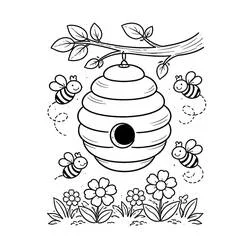 Coloriage Ruche suspendue à une branche avec des abeilles