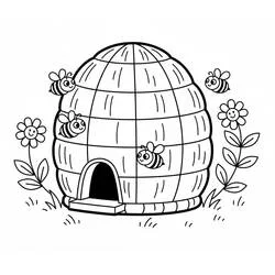 Coloriage Ruche entourée d'abeilles et de fleurs