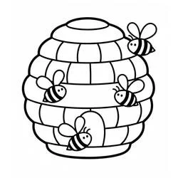 Coloriage Ruche avec abeilles volant autour