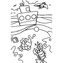 Coloriage Bateau naviguant au-dessus des poissons et d'un homard