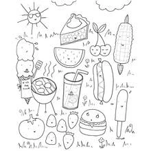 Coloriage Pique-nique d'été aux aliments souriants