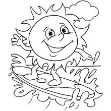 Coloriage Soleil souriant faisant du surf sur les vagues