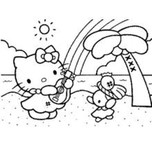 Coloriage Hello Kitty jouant de la guitare sur la plage