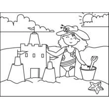 Coloriage Fille construisant un château de sable sur la plage