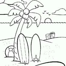 Coloriage Palmier et planches de surf sur la plage