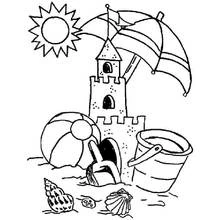 Coloriage Château de sable avec parasol et jouets de plage