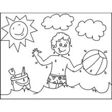 Coloriage Garçon jouant avec un ballon de plage dans l'eau