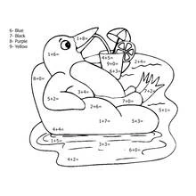 Coloriage Canard détendu avec une boisson d'été à colorier selon les calculs