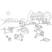 Coloriage Enfants jouant dehors avec leurs chiens