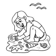 Coloriage Fillette ramassant des coquillages sur la plage