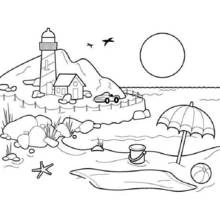 Coloriage Phare et scène de plage avec parasol et ballon