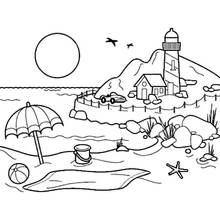 Coloriage Phare et plage au bord de la mer