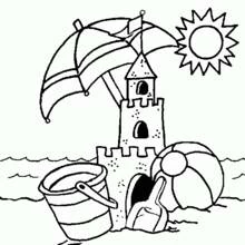 Coloriage Château de sable avec parasol et ballon