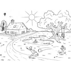 Coloriage Soleil brillant sur une scène de campagne animée
