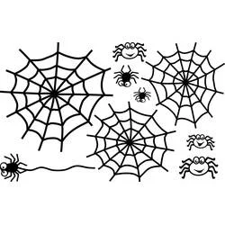 Coloriage Toile d'araignée avec trois toiles et des araignées