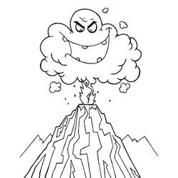 Coloriage Volcan en éruption avec un nuage souriant