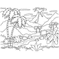 Coloriage Volcan en éruption au-dessus d'une île tropicale