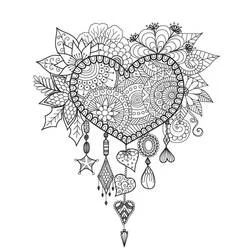 Coloriage Attrape-rêves en forme de coeur avec des fleurs