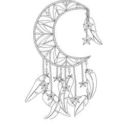 Coloriage Attrape-rêves en forme de lune avec plumes et étoiles