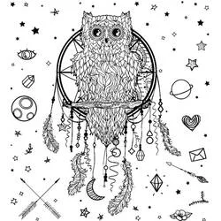 Coloriage Attrape-rêves hibou entouré de symboles célestes