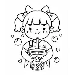 Coloriage Fille et bubble tea avec nœuds Coloriage Fille et bubble tea avec nœuds