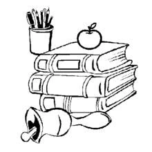 Coloriage Matériel scolaire avec pile de livres et cloche