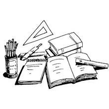 Coloriage Matériel scolaire sur un bureau
