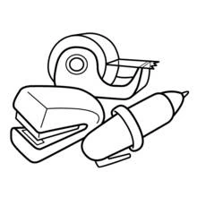 Coloriage Dévidoir de scotch, agrafeuse et stylo