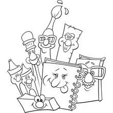Coloriage Groupe de matériel scolaire rigolo avec des visages