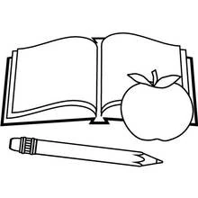 Coloriage Livre ouvert, pomme et crayon
