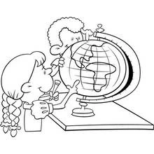 Coloriage Enfants observant un globe terrestre