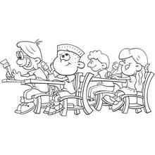 Coloriage Classe avec quatre élèves à leur bureau