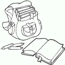 Coloriage Cartable avec livres, crayons et un livre ouvert