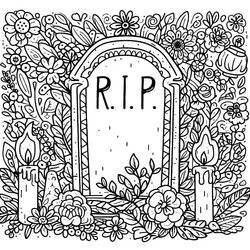 Coloriage Pierre tombale avec inscription RIP entourée de fleurs