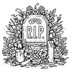Coloriage Pierre tombale avec R.I.P. entourée de fleurs et de bougies