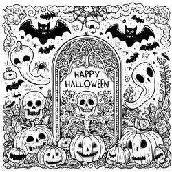 Coloriage Pierre tombale entourée de citrouilles et chauves-souris d'Halloween