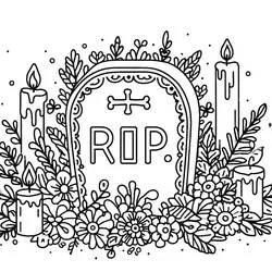 Coloriage Pierre tombale avec fleurs et bougies
