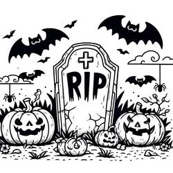 Coloriage Pierre tombale avec citrouilles et chauves-souris Halloween