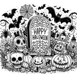 Coloriage Pierre tombale avec scène d'Halloween