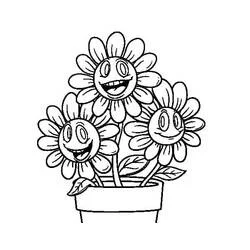Coloriage Pot de Fleurs avec trois tournesols souriants