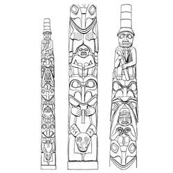 Coloriage Totem trois mâts totémiques sculptés côte à côte