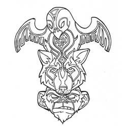 Coloriage Totem avec visages d'aigle, de loup et d'ours
