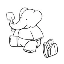Coloriage Babar jouant à la plage avec un seau et une pelle