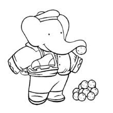 Coloriage Babar debout près d'un tas de balles