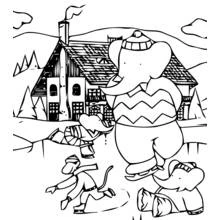 Coloriage Babar fait du patin à glace avec ses amis devant un chalet