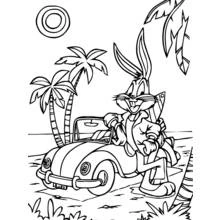 Coloriage Bugs Bunny appuyé sur une voiture à la plage